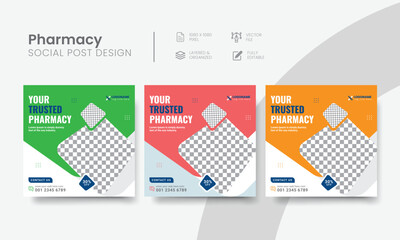 Pharmacy social media post for medicine banner ad creative. Functional pharmacy store social media post layout template design. Vol - 25