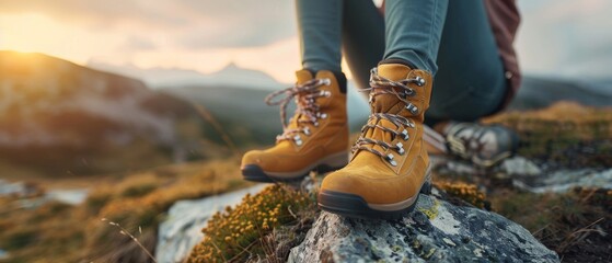 View from mountains - Hiking hiker traveler landscape adventure nature sport background panorama - Close up of feet with hiking shoes from a young woman sitting resting on top of a high hill or rock - obrazy, fototapety, plakaty