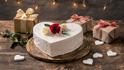 Heart shaped wedding cake decorated with flowers. beautifully decorated with icing and is placed on a table indoors. Elegant, Festive Gold and Glitter, Gift Boxes in background