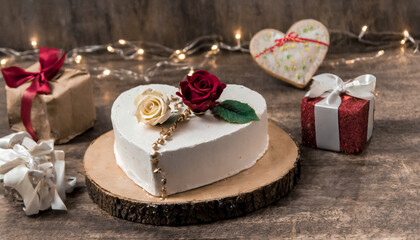 Heart shaped wedding cake decorated with flowers. beautifully decorated with icing and is placed on a table indoors. Elegant, Festive Gold and Glitter, Gift Boxes in background