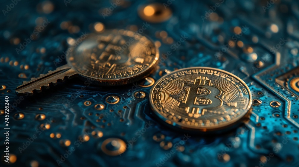 Aufkleber cryptocurrency concept two bitcoin coins on top of a circuit board with a key