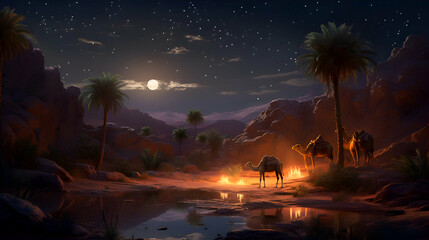 Camel caravan with camels at night in desert   digital illustration - obrazy, fototapety, plakaty