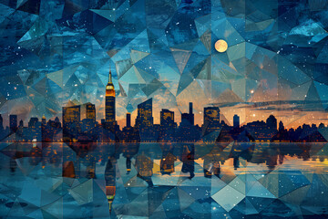 New York City skyline at night illustration artwork moonlit mosaic geometric shapes concept