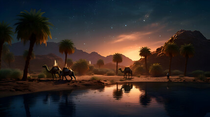 Camel caravan in desert at night.  3d  render illustration.