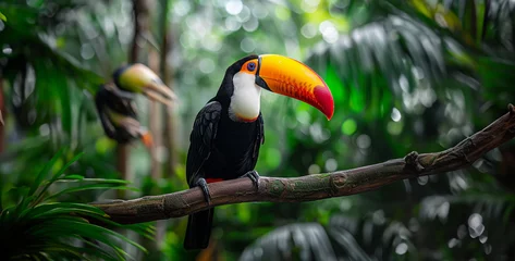 Foto op Aluminium Design an image of a colorful toucan perched on a tree branch in the jungle, its vibrant plumage contrasting against the lush green backdrop realistic High-resolution photograph clean sharp focus © Asif Ali 217