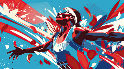 Concept design for the 2024 Olympics in Paris, France. Elite running athlete in a race, crossing the finish line with open arms. Not an actual depiction of the event. Vibrant, red, white, blue - obrazy, fototapety, plakaty