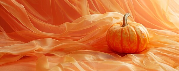 Capturing the essence of autumn, a single orange pumpkin rests against a vibrant orange textured...