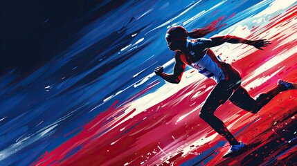 Concept design for the 2024 Olympics in Paris, France. Elite female athlete in a race, running and sprinting towards the finish line. Not an actual depiction of the event. Vibrant, red, white, blue - obrazy, fototapety, plakaty