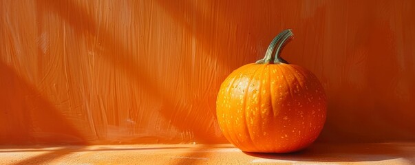 A single orange pumpkin rests against a vibrant orange textured backdrop, capturing the essence of...