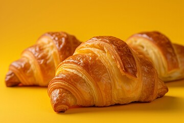 Three Delicious Croissants on Yellow Surface with Copy Space, Perfect for Bakery or Breakfast Concept