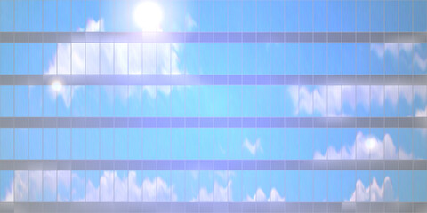 A cloudy sky and sun reflection on a building mirror facade. Glass with a broad perspective. Background with a metropolis or corporate vibe. Vector bg with gradient mesh - obrazy, fototapety, plakaty