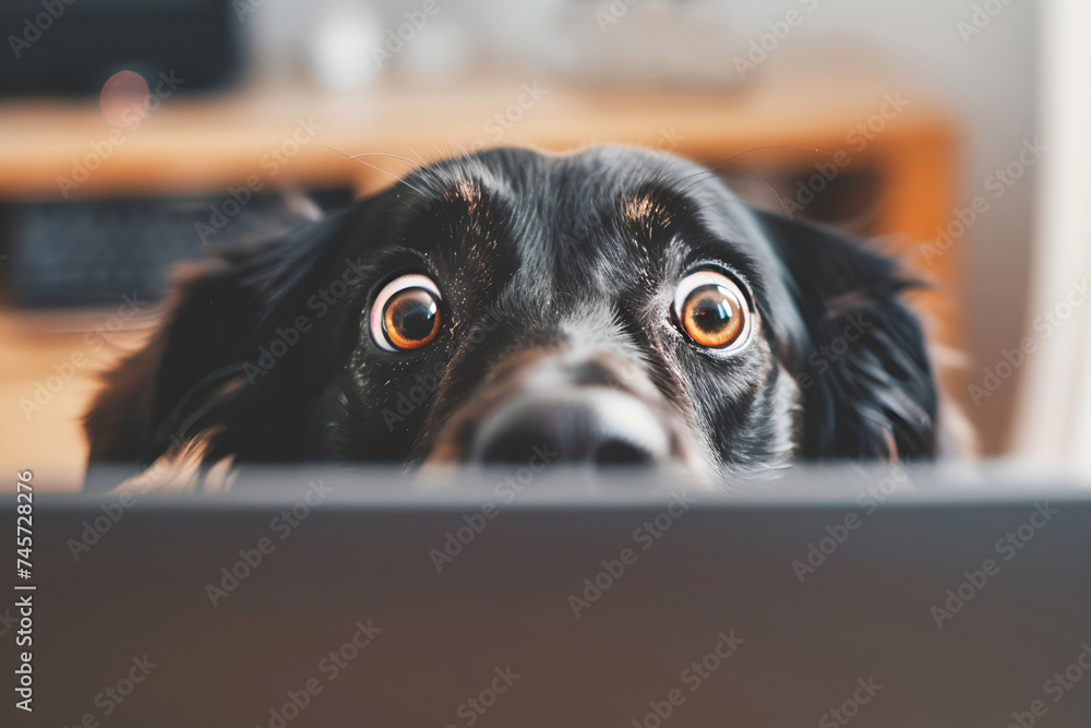 Wall mural close-up photo of a black dog looking at a computer monitor in surprise