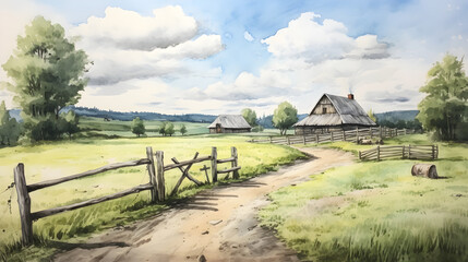 Fototapeta na wymiar Hand-Drawn Country Landscape: A Quaint Cottage Amidst Green Meadows and Cloudy Sky
