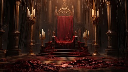 A once noble throne now corrupted the gold and velvet marred by splashes of blood symbolizing a kingdoms fall into tyranny and despair - obrazy, fototapety, plakaty