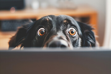 Close-up photo of a black dog looking at a computer monitor in surprise