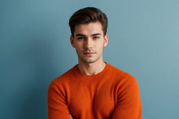 Fototapeta premium Attractive man wearing an orange sweater standing with arms crossed on the blue color background
