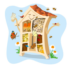 Illustration of a fun and happy insect hotel with butterflies and beetles