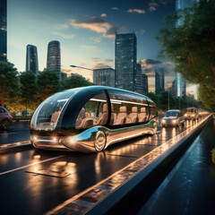 Fototapeta premium Traffic in the city of the future at night, with glowing hovercars
