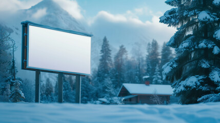 Snow-covered billboard beside a wooden cabin.