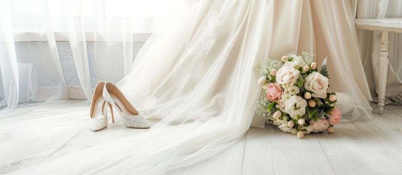 Luxury white wedding dress, shoes and rose bouquet on wedding studio. Generated AI image