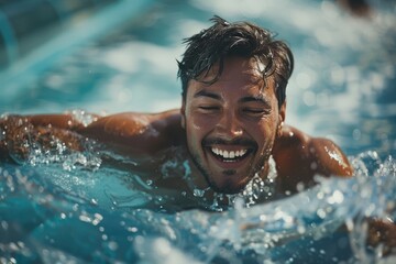 A joyful man riding a water slide is shown in close-up.  Generative Ai.