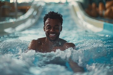 A joyful man riding a water slide is shown in close-up.  Generative Ai. - obrazy, fototapety, plakaty