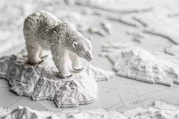 Poster A model of a polar bear on a glacier against the background of a map. Melting glaciers and ecology concept © vik.stock