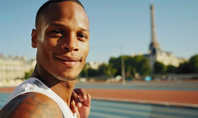 Fotobehang Smiling black man male athlete on athletics track, Eiffel Tower like structure behind. Concept shot for 2024 Olympics in Paris, France, Europe. Isolated modern. Not an actual depiction of the event © Goodwave Studio