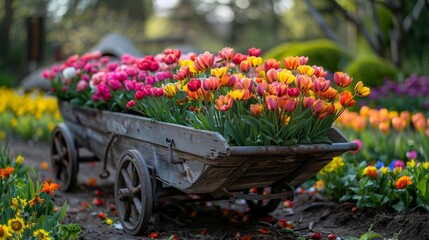 Flowers in a garden cart, colorful blooming tulips, Springtime decoration