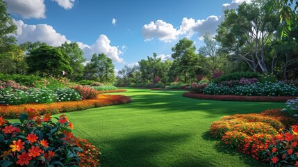 Obraz premium Garden with colorful flowers and green grass, sunny Spring day