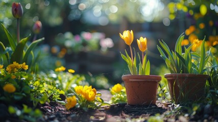 Spring gardening works, colorful flowers in pots and equipment