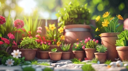 Fototapeta na wymiar Spring gardening works, colorful flowers in pots and equipment