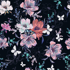 Fashion vector floral seamless pattern with elegant flowers - 745729606