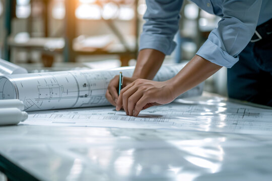 close-up of hands drawing on a large architectural floor plan on a construction site