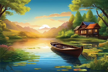 Boat in a lake illustration. Illustration traveling boat in river, beautiful landscape, green trees, natural light, nature landscape background. Beautiful lake with a boat in mountain area. 