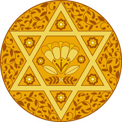 Beautiful golden mandala with floral ornament and David star. Design for post cards,invitations,flyers, holiday events,religious decoration,wall art,print