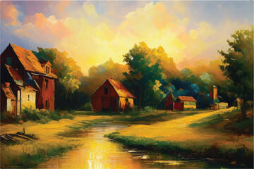  A rustic village scene, bathed in the ethereal glow of a heaven. Oil painting of a Beautiful Village. Oil painting - houses in the village. Old Village. Oil paintings rural landscape. village. - obrazy, fototapety, plakaty