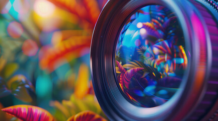 close up of camera lens, in the style of vibrant stage backdrops
