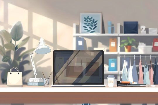 An animated style image of an office room with a desk a laptop and some items in navy and amber color tones