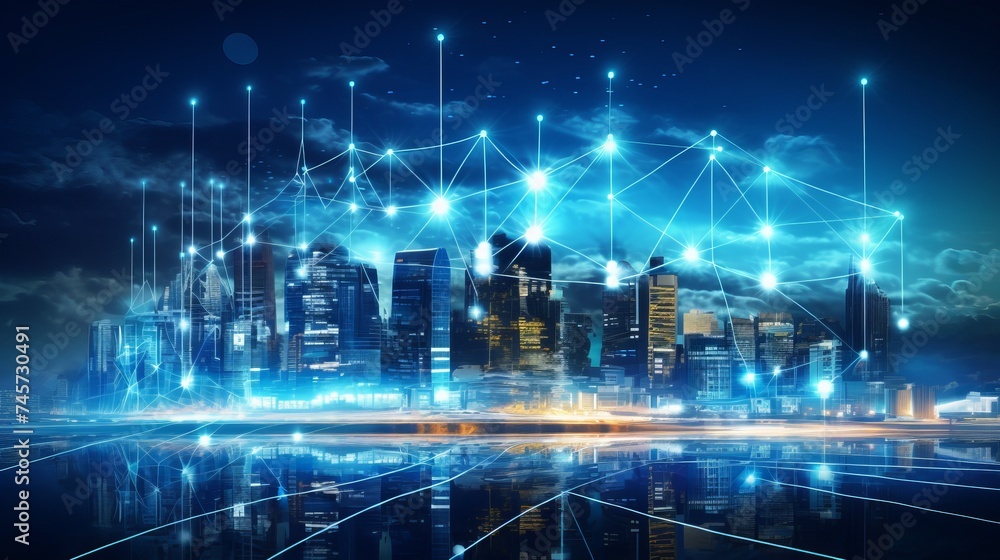 Poster 5g network digital hologram and internet of things on city background.double exposure city of cpu 5g
