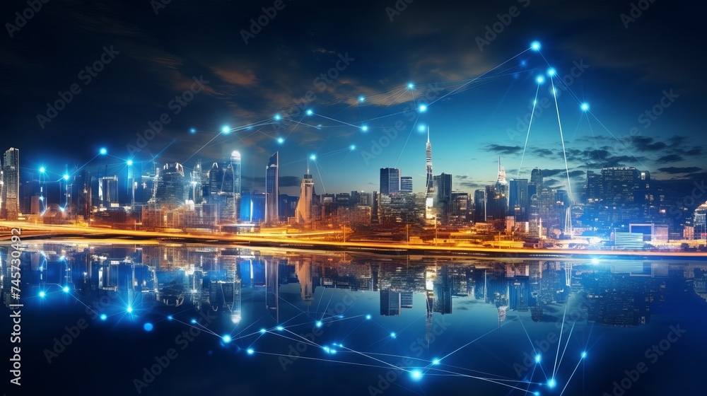 Poster 5g network digital hologram and internet of things on city background.double exposure city of cpu 5g