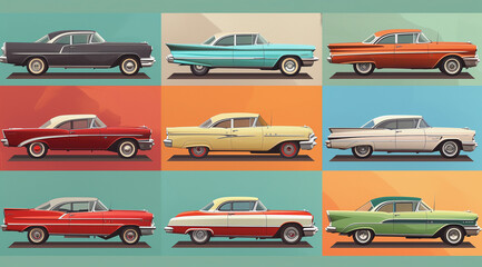 various colored classic cars are shown in a grid pattern