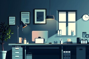 A clean and organized office workspace with a minimalist style vector art illustration of financial charts and graphs on a desk in the early morning