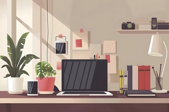 A productive and organized woman is shopping online with her laptop early in the morning illustrated in a minimalist style vector art