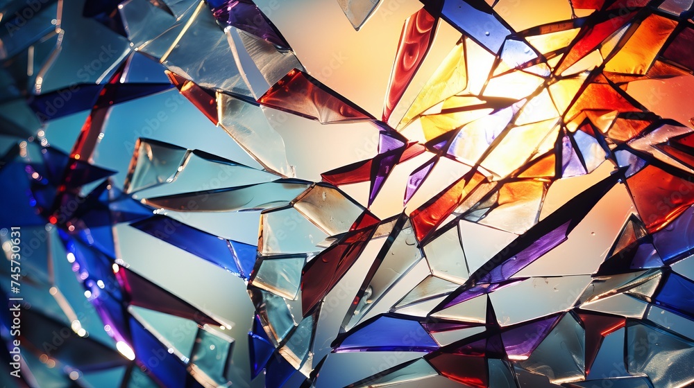 Poster a photo of a shattered glass window with colorful light reflections. an abstract and edgy pattern of
