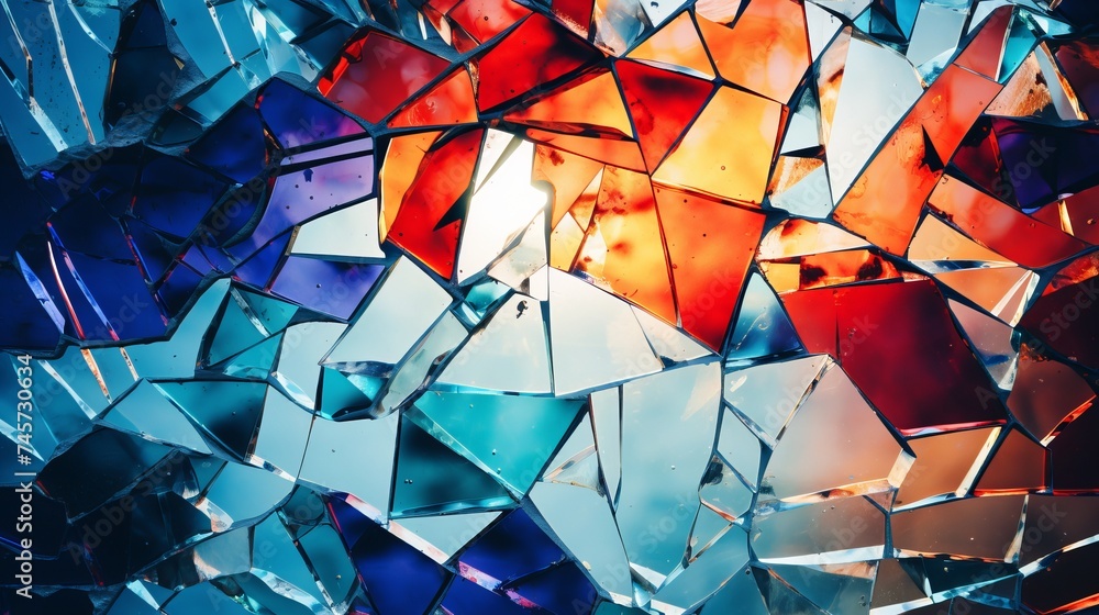 Poster a photo of a shattered glass window with colorful light reflections. an abstract and edgy pattern of