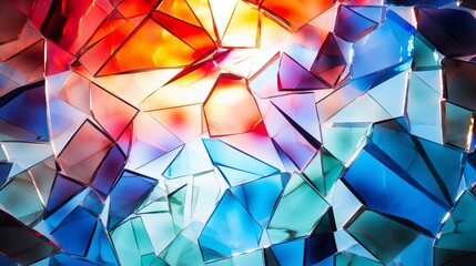 A photo of a shattered glass window with colorful light reflections. An abstract and edgy pattern of broken glass shards with jagged edges and geometric lines