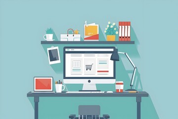 A modern and colorful desk setup for online business with laptop phone and other office essentials illustrated in a charming style