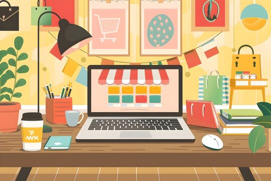 illustration of a computer on desk featuring online shop, e-commerce websites in the style of nostalgic illustration retail sales, marketing and grocery art Perfect for business ideas and home office