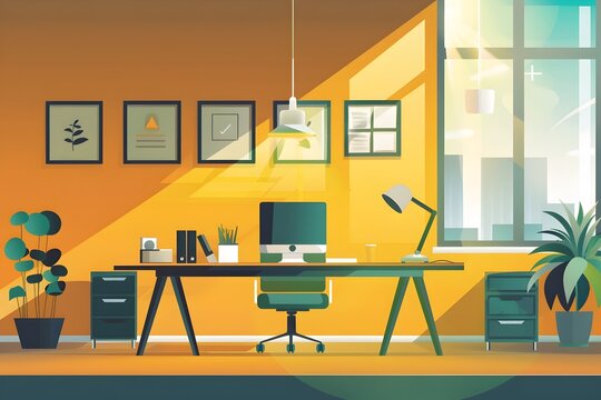 Bright and inspiring office space with a blank desktop potted flowers and a lamp in the style of 2D game art
